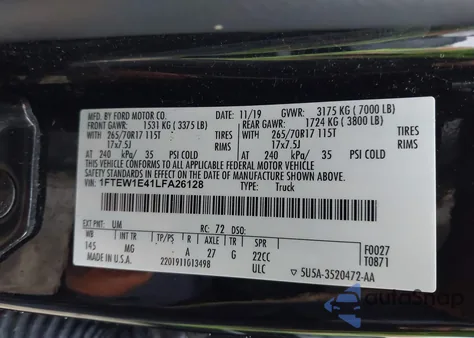 2020 Ford F-150 Xlt z USA, uszkodzony, nr VIN 1FTEW1E41LFA26128